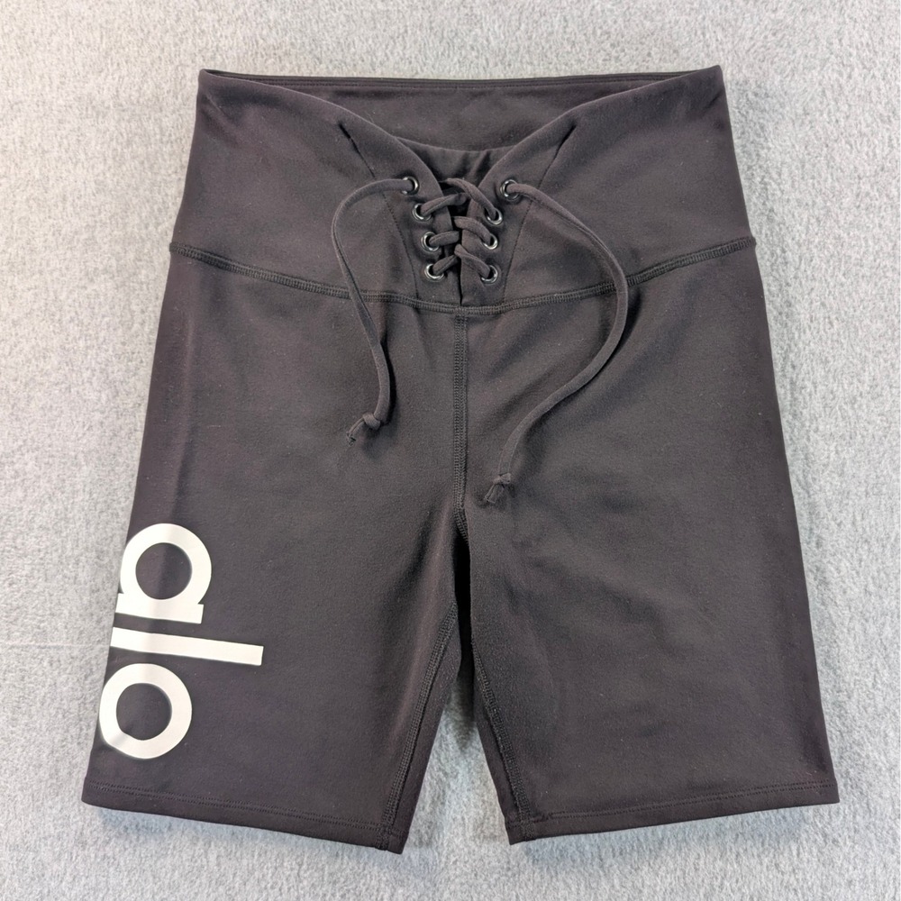 Alo Yoga 7" Yogi Lace Up Womens High Waist Biker Shorts Black Logo Size S 24x7